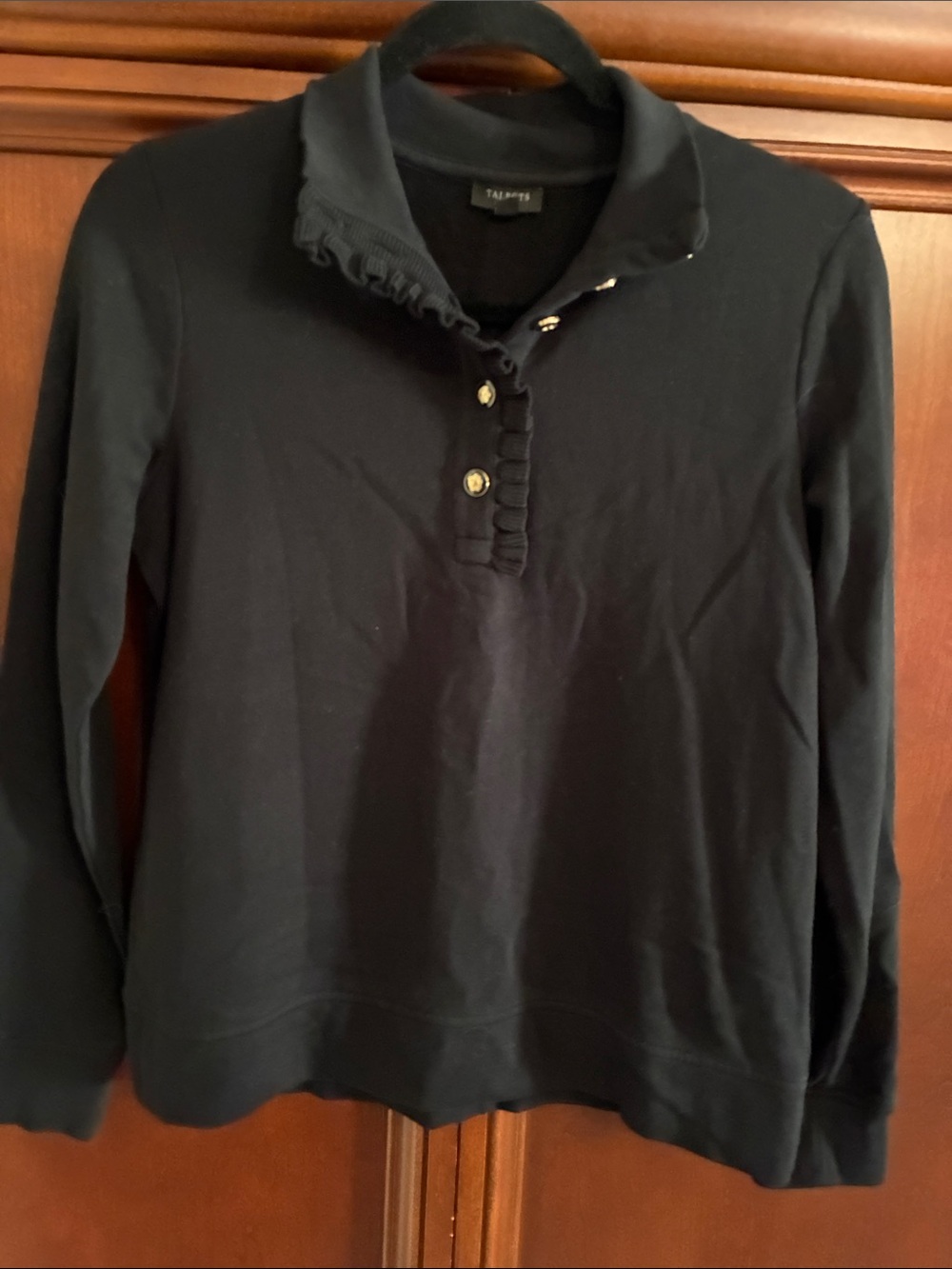 Talbots Black Long-Sleeve Ruffle Collar Polo